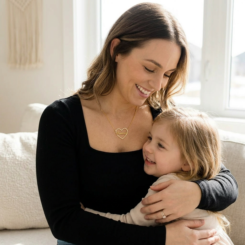 Collier Prénom Personnalisé Cœur – Cadeau Maman avec Nom Bébé